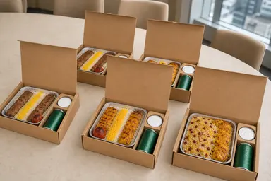 Five open kraft Catering Toronto meal boxes prepared for an office event