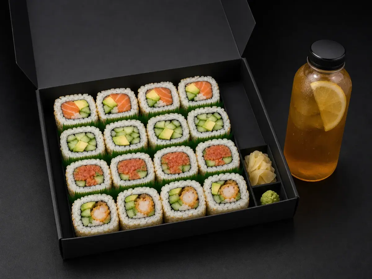 ۱۶ رول سوشی و چای سرد